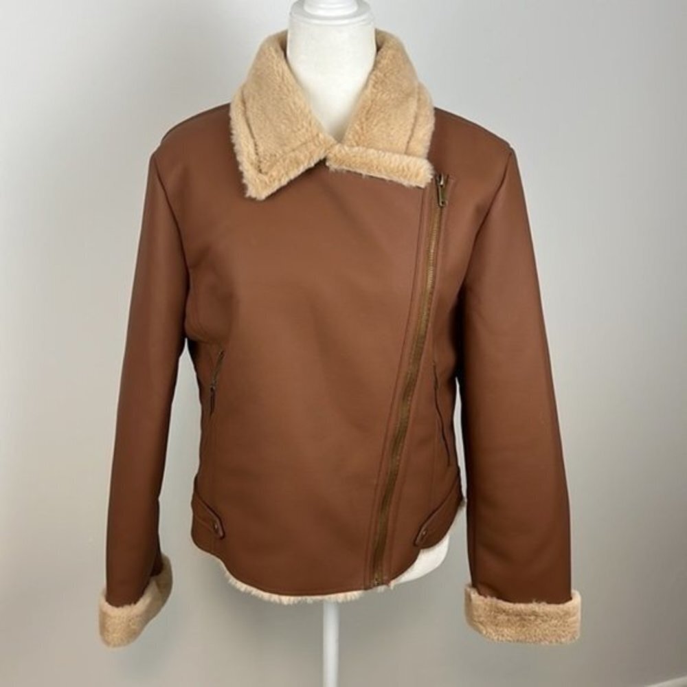 a.n.a. Brown Imitation Leather Coat with Faux Fur Size Large NWT - Picture 3 of 14